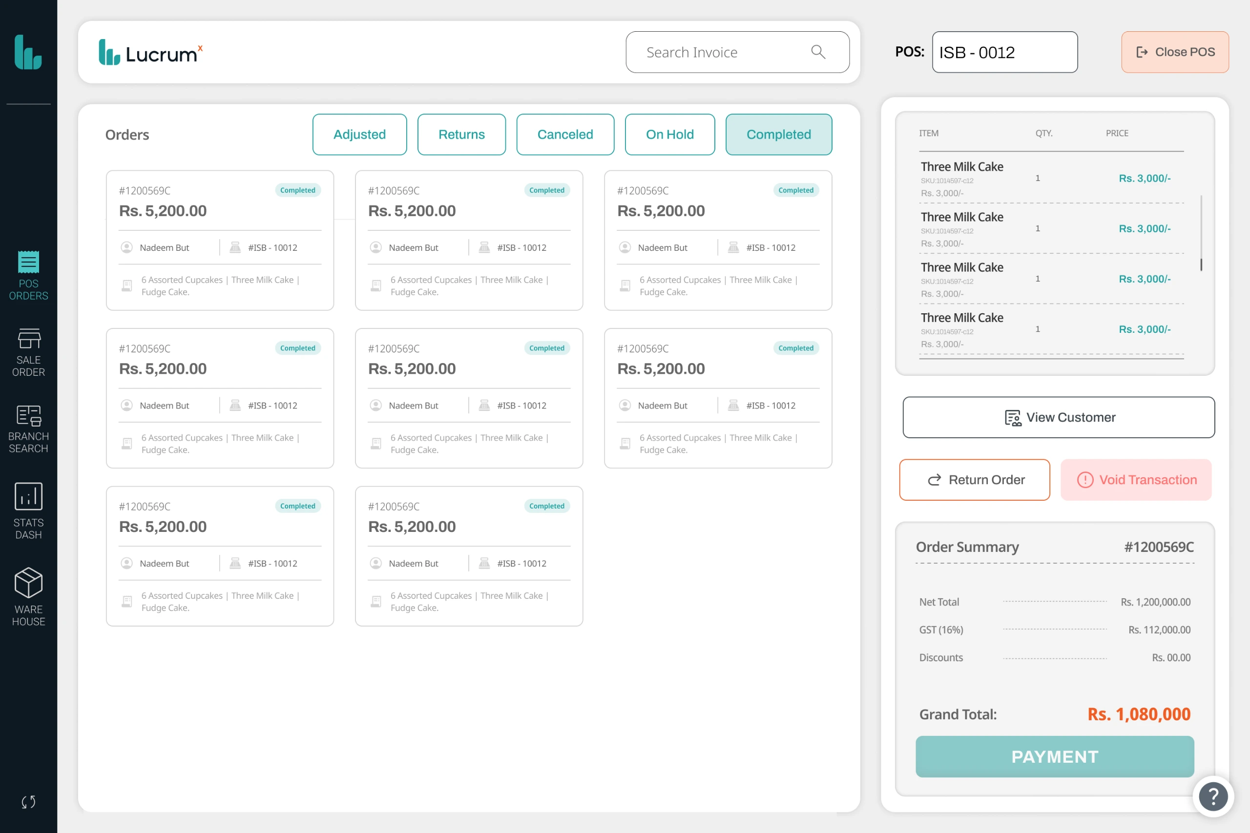 Order history filtered to completed orders, each row showing its reference, customer, total and status